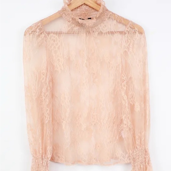 Lulu’s Sheer Leader Blush Pink Lace Mock Neck Long Sleeve Top XS - Picture 3 of 14
